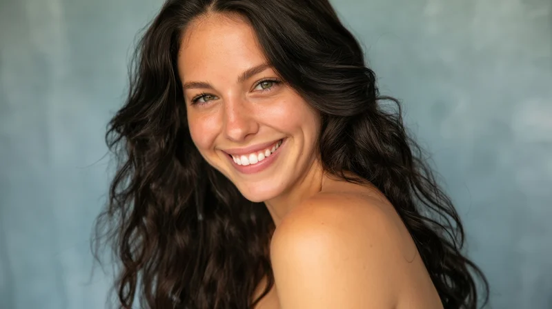 Young woman smiling with curly dark hair in studio portrait
