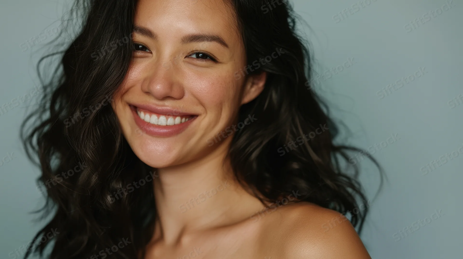 Young woman smiling with wavy dark hair in studio portrait