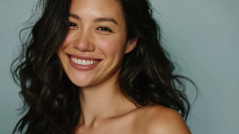 Young woman smiling with wavy dark hair in studio portrait