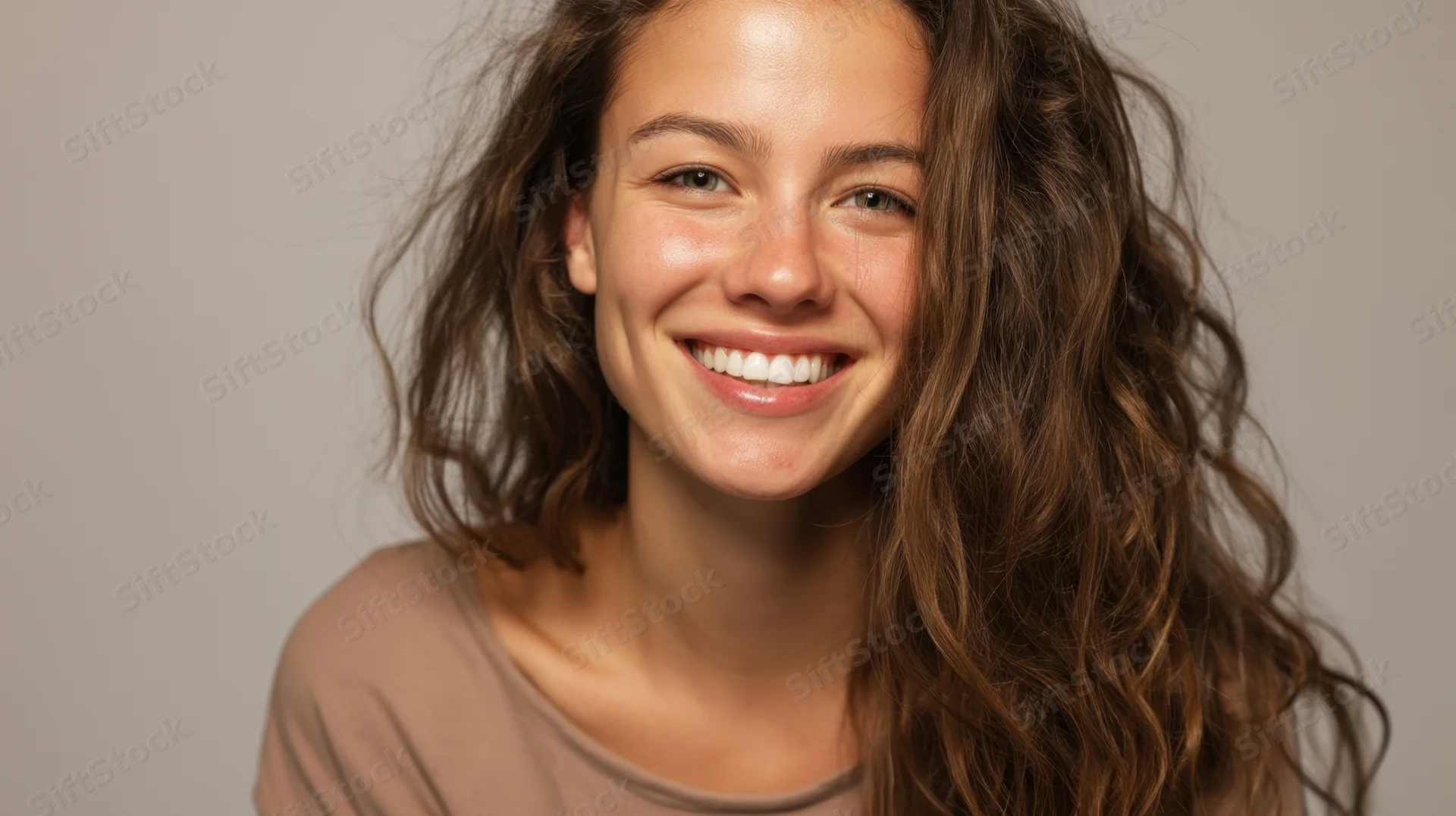 Young woman smiling with curly brown hair in a studio portrait