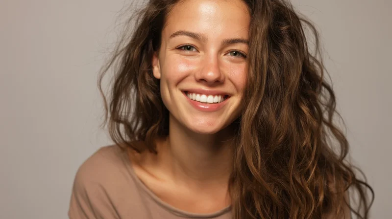 Young woman smiling with curly brown hair in a studio portrait