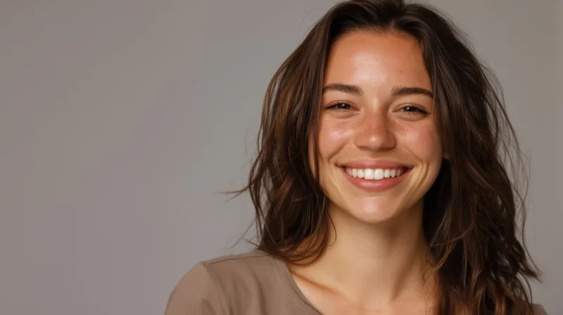 Young woman smiling warmly in a studio portrait with copyspace on the left