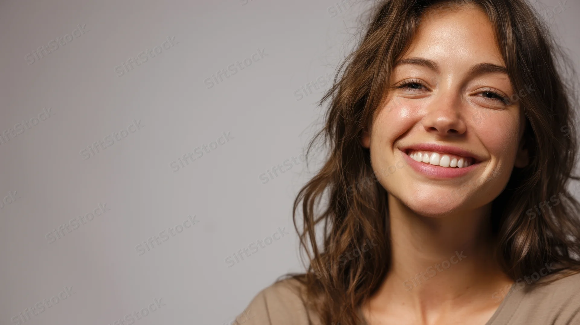 Young woman smiling in a studio portrait with copyspace on the left