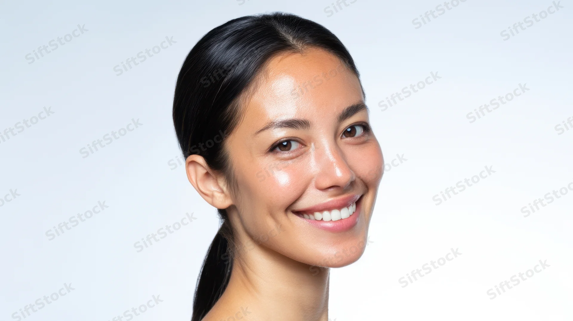 Young woman smiling with clear skin in studio portrait