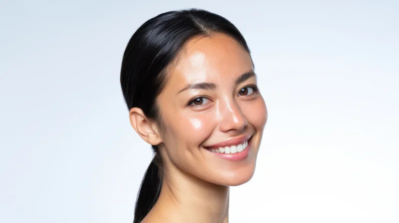 Young woman smiling with clear skin in studio portrait