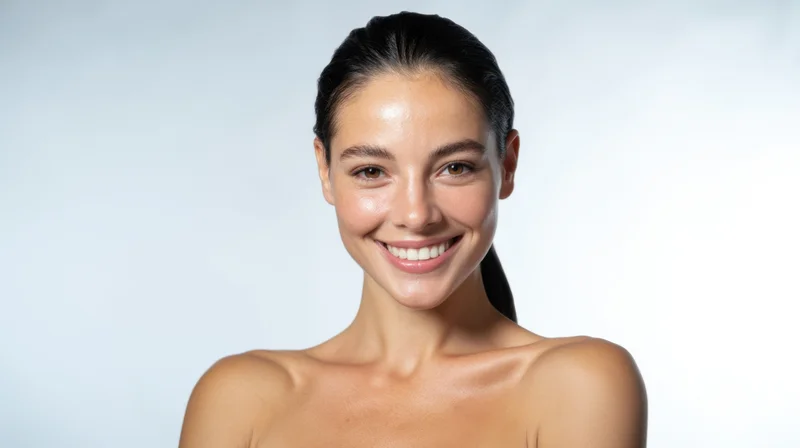 Young woman smiling with clear radiant skin in studio portrait