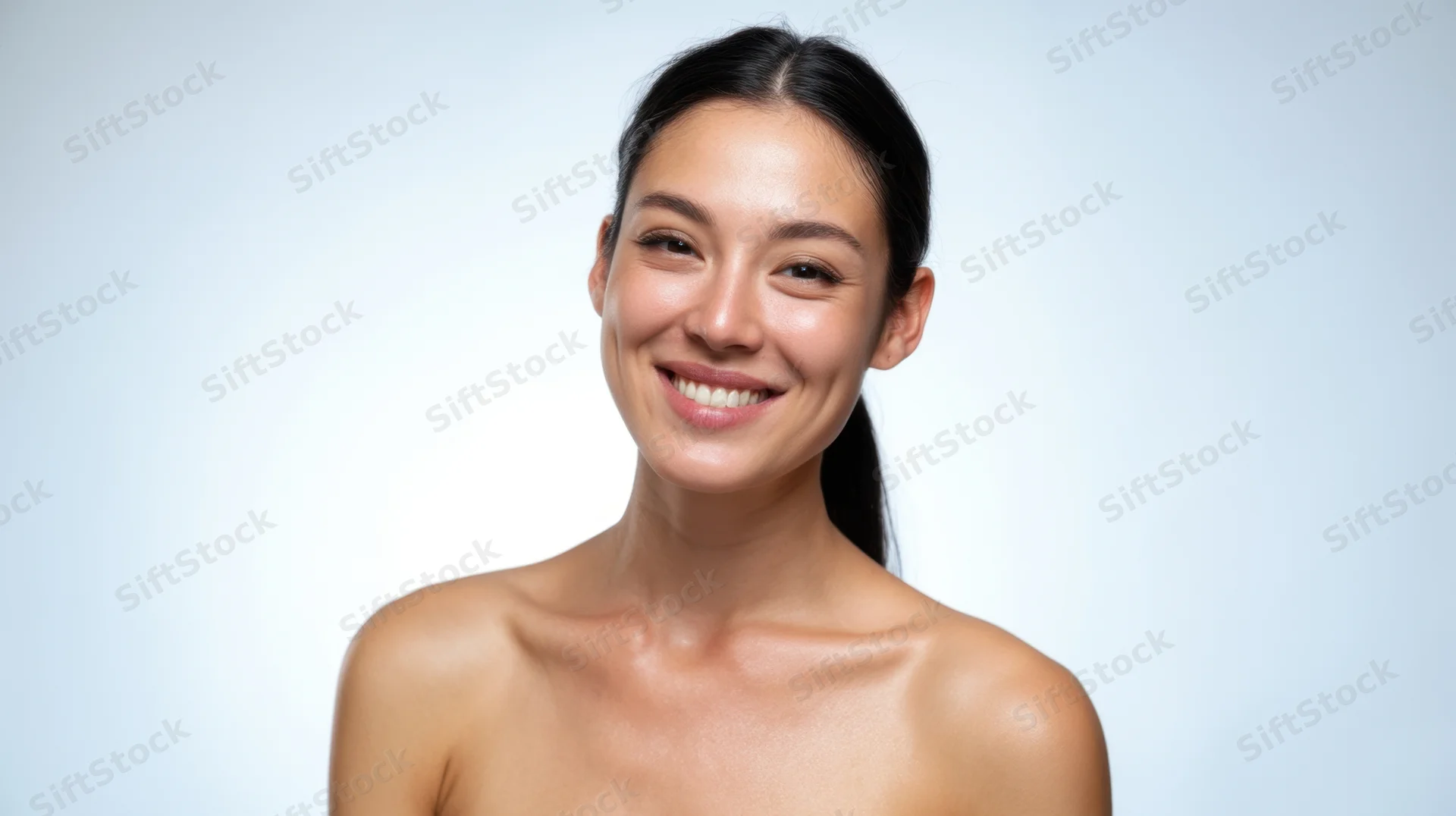 Young woman smiling with radiant skin in studio portrait