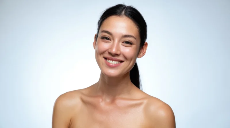 Woman smiling at camera with natural glow and bare shoulders in studio