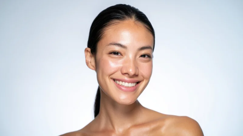 Young asian woman smiling with clear glowing skin in studio portrait