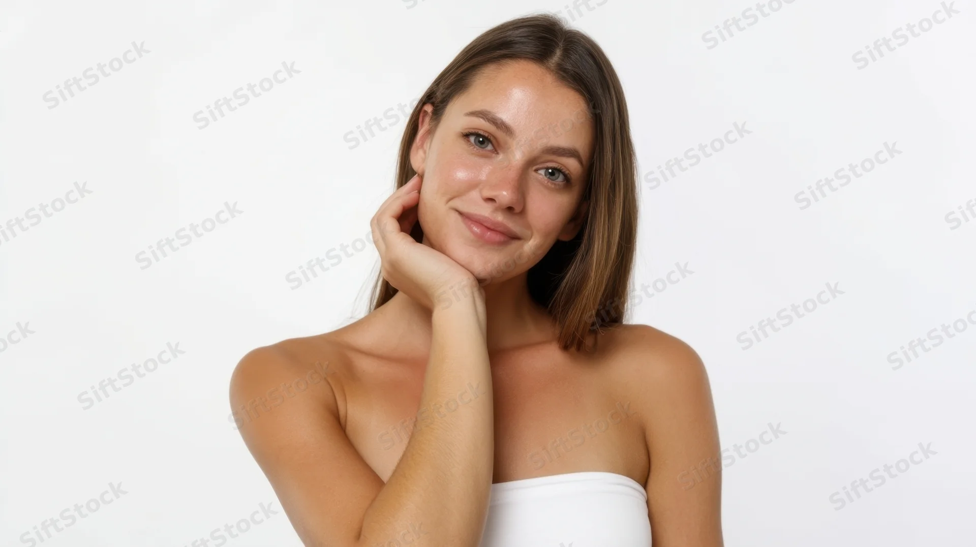 Young woman smiling with hand on cheek in studio portrait