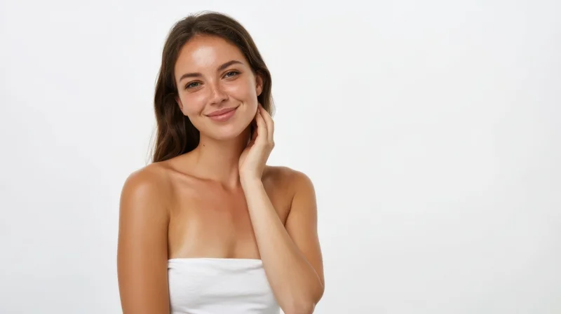 Young woman smiling with hand on neck wrapped in white towel in studio