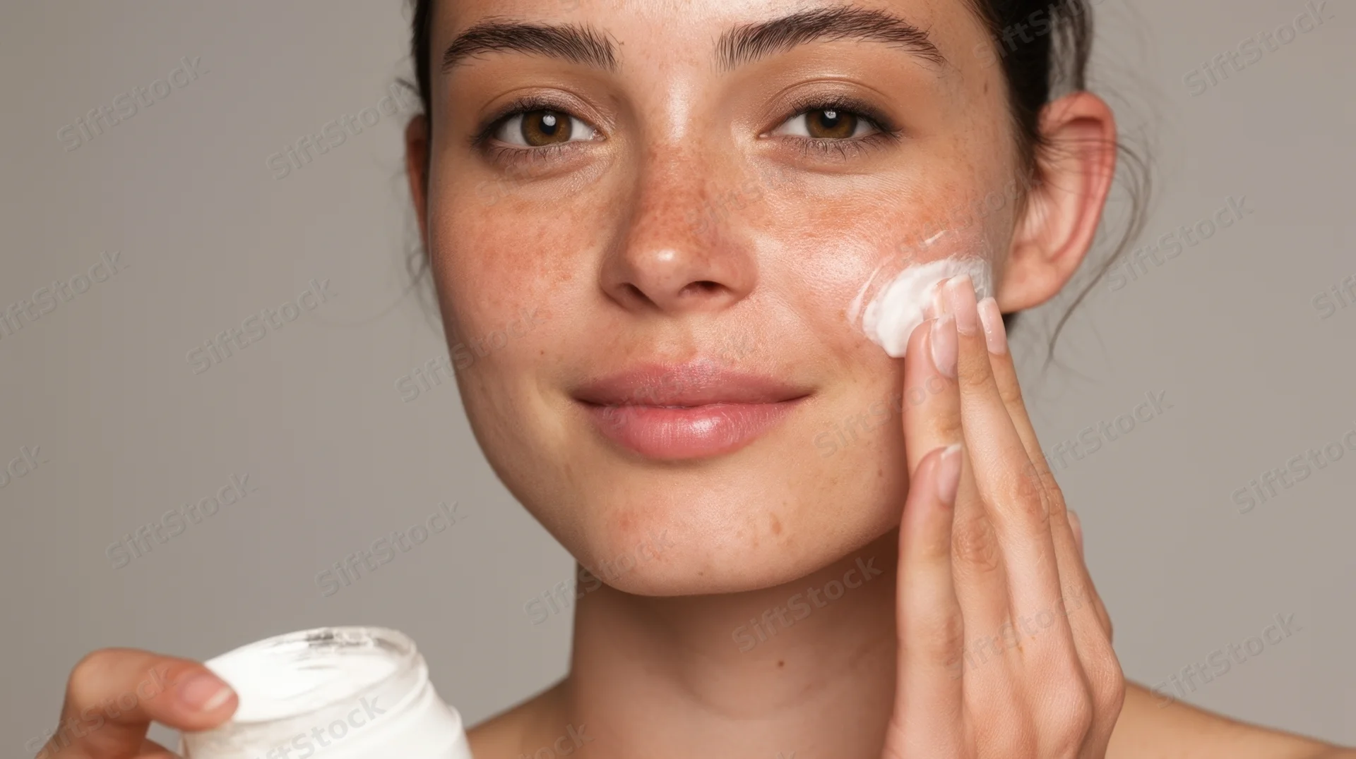Young woman applying cream to her face in a close-up portrait