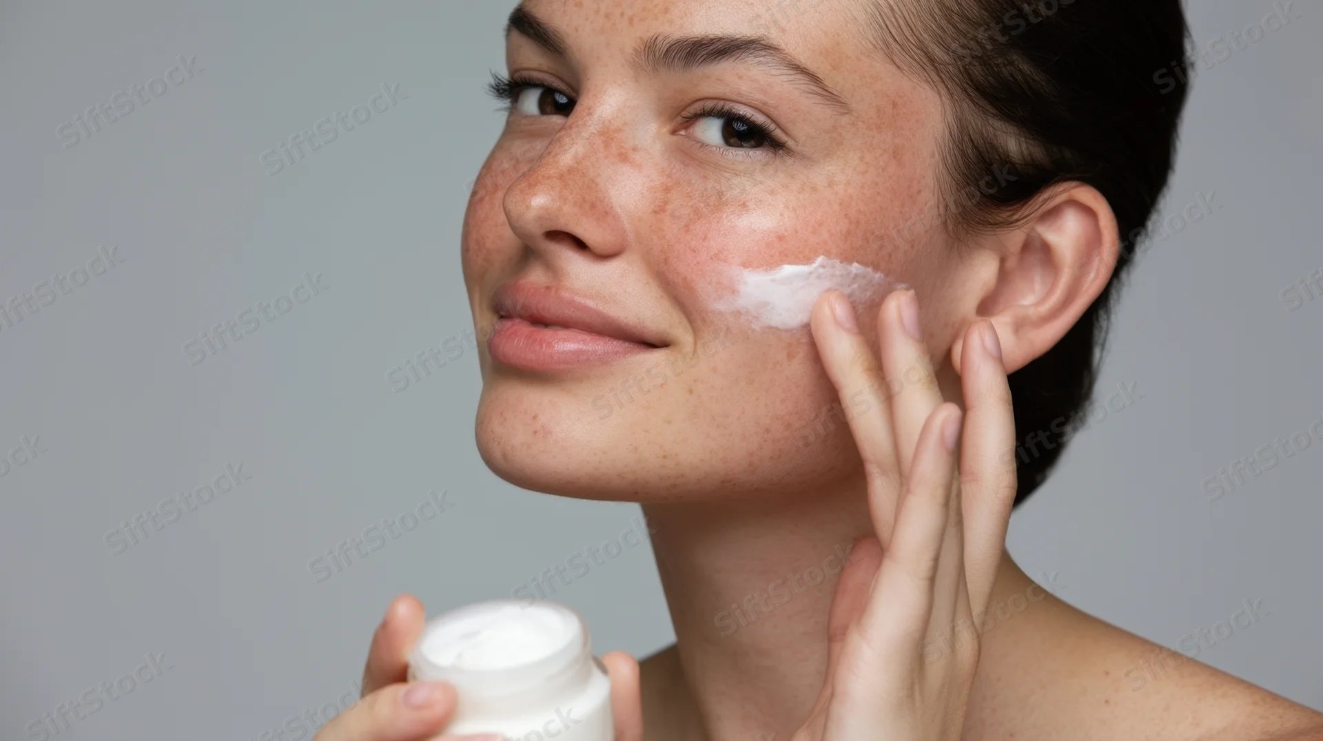 Young woman applying cream to her face in studio setting