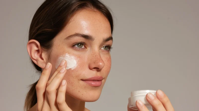 Young woman applying cream to her face with a jar in hand