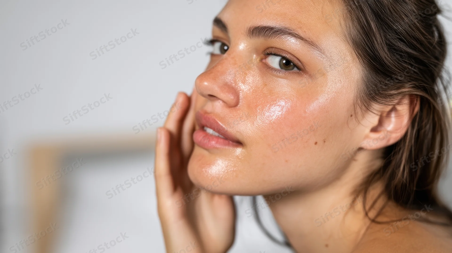 Young woman touching her glowing face in a studio setting