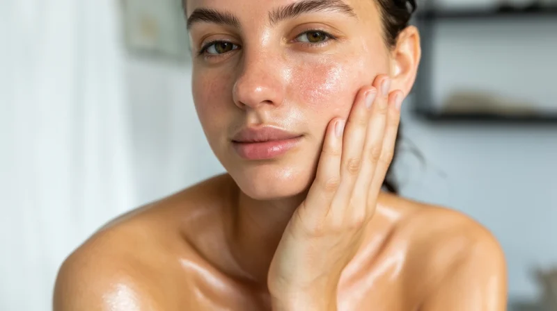 Young woman applying moisturizer to her face in a bathroom setting