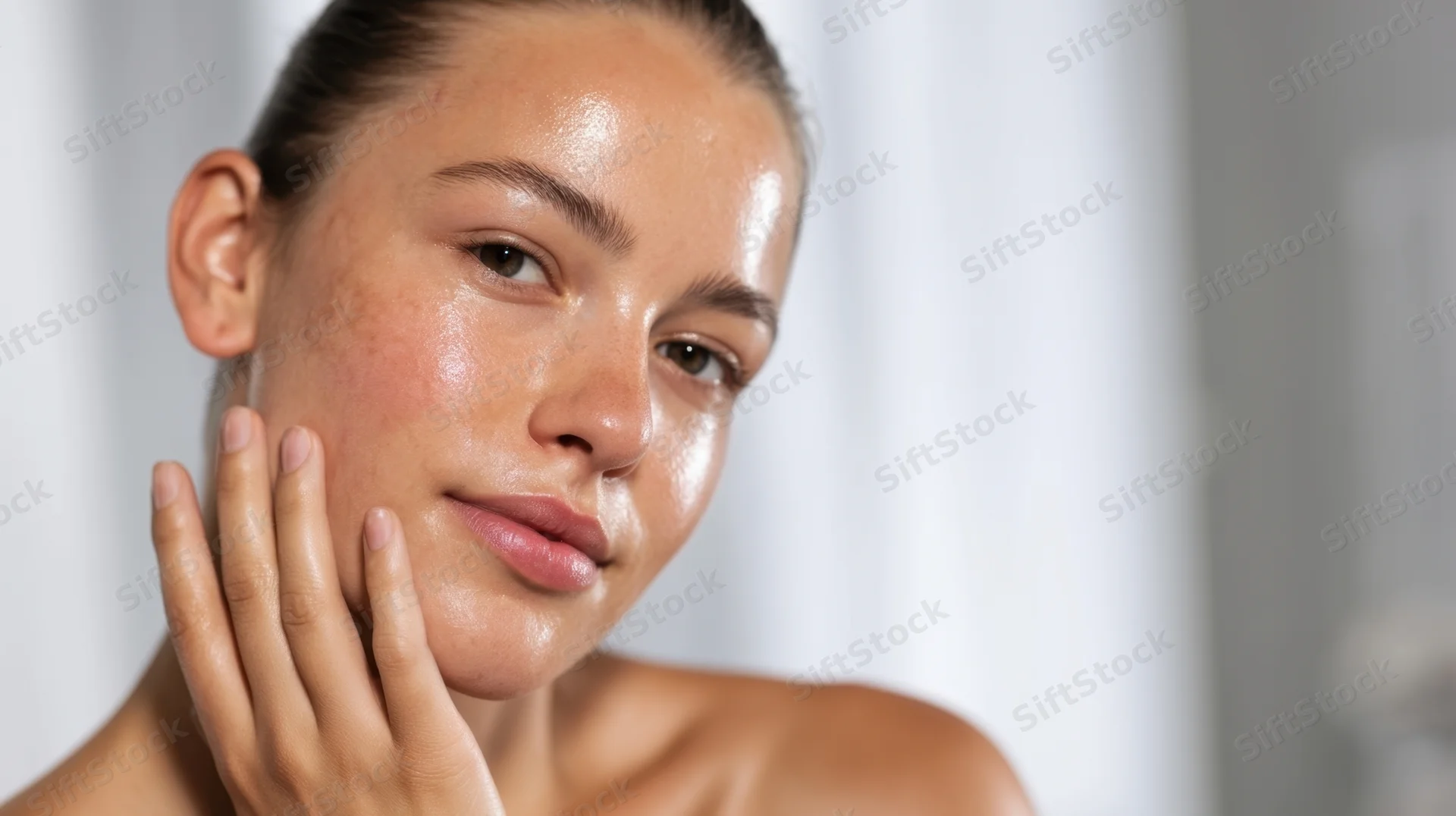 Young woman touching her face with hand, showing glowing skin in closeup portrait