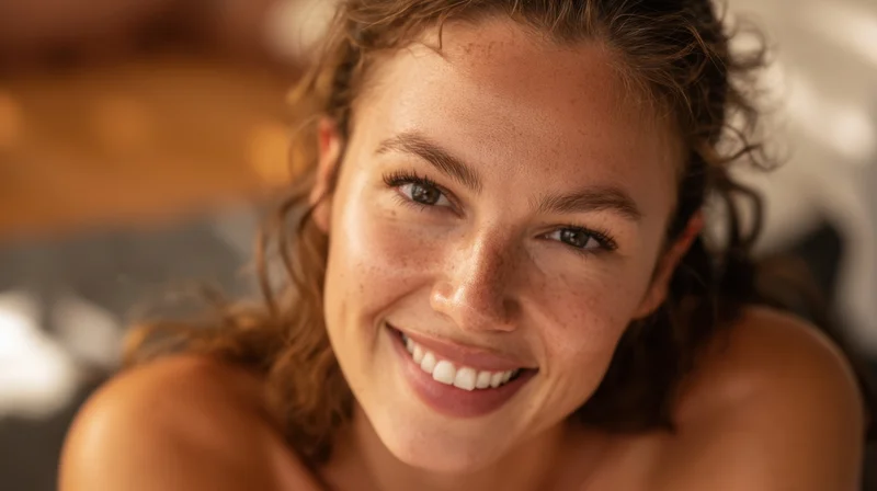 Young woman smiling at camera in closeup portrait with curly hair and freckles