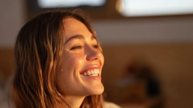 Young woman smiling in warm sunlight indoors