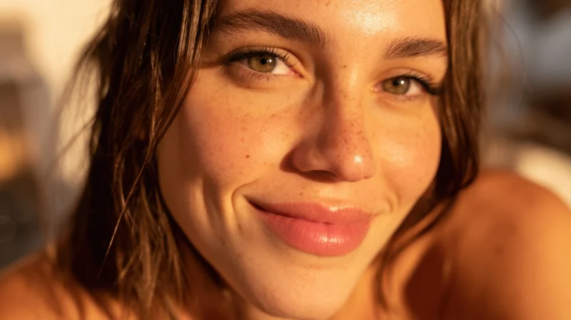 Closeup of a young woman smiling with freckles and warm sunlight on her face