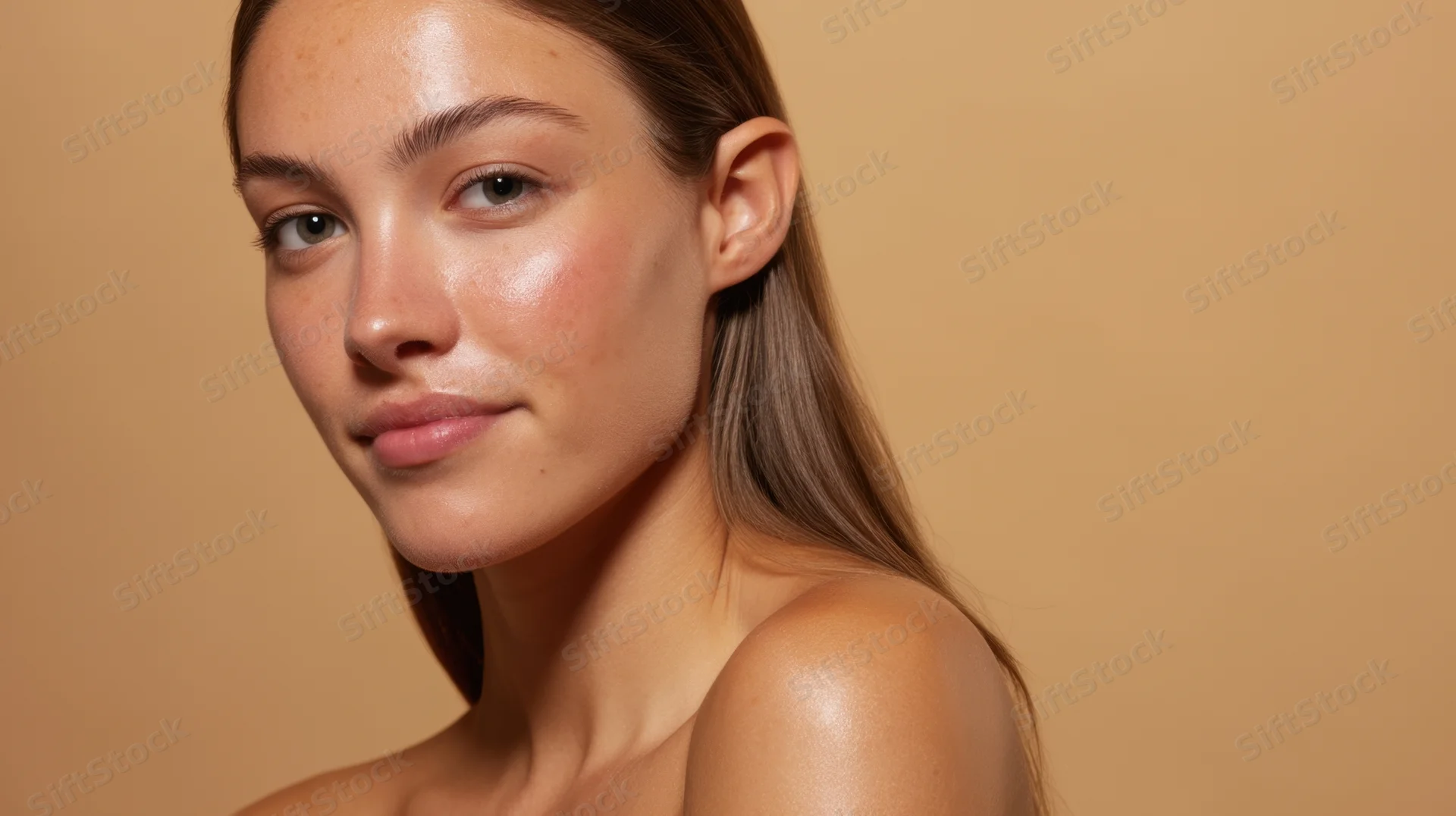 Young woman with glowing natural skin in studio portrait, shoulder and neck visible, beige background