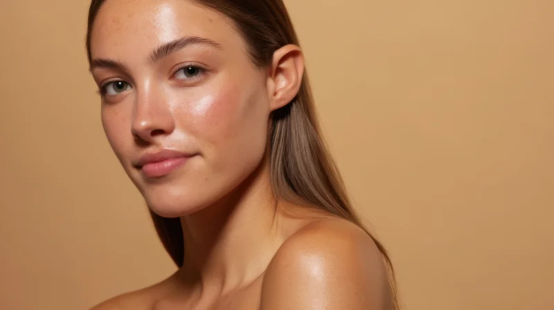 Young woman with glowing natural skin in studio portrait, shoulder and neck visible, beige background