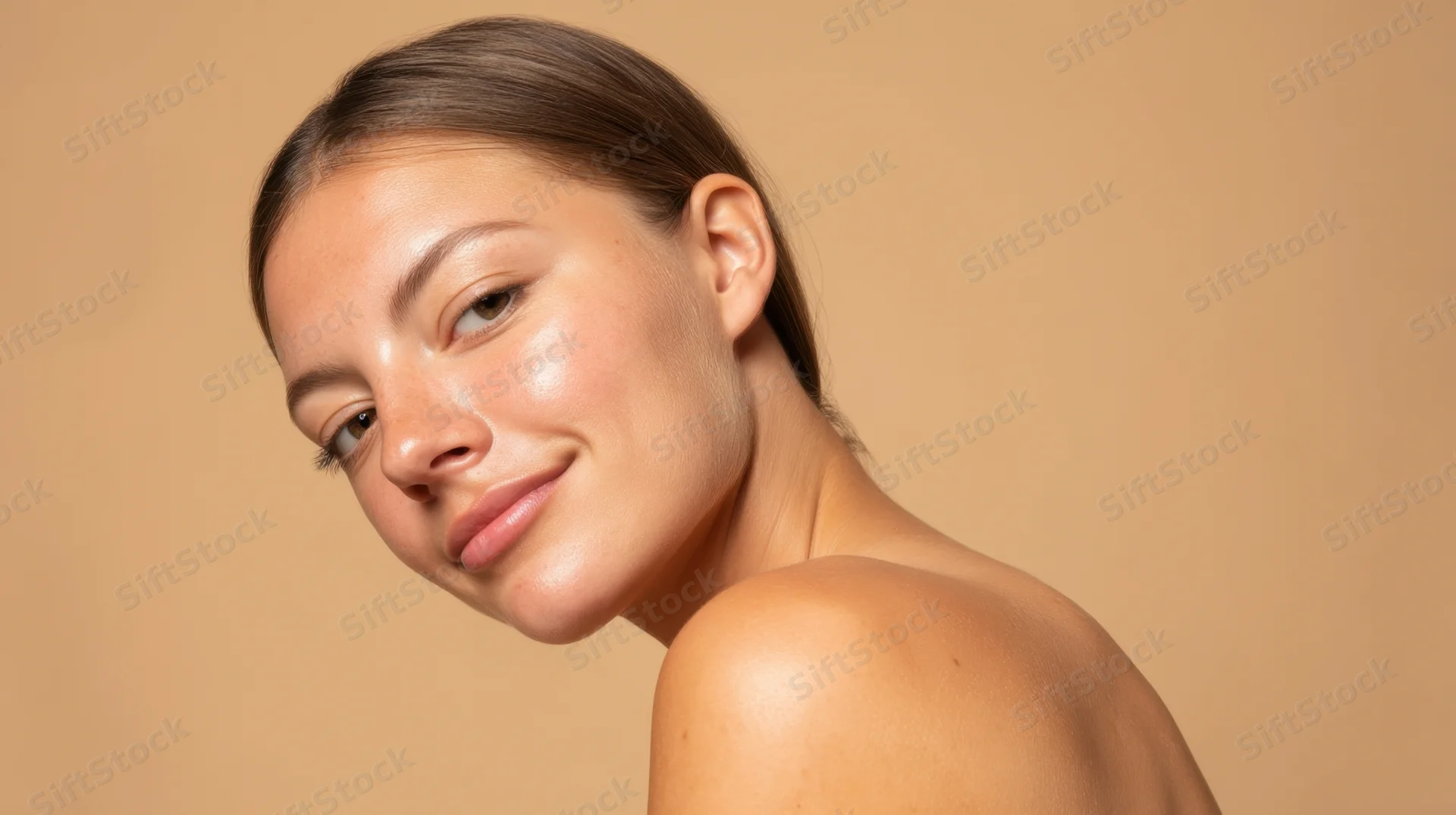 Young woman with smooth radiant skin smiling softly in studio portrait