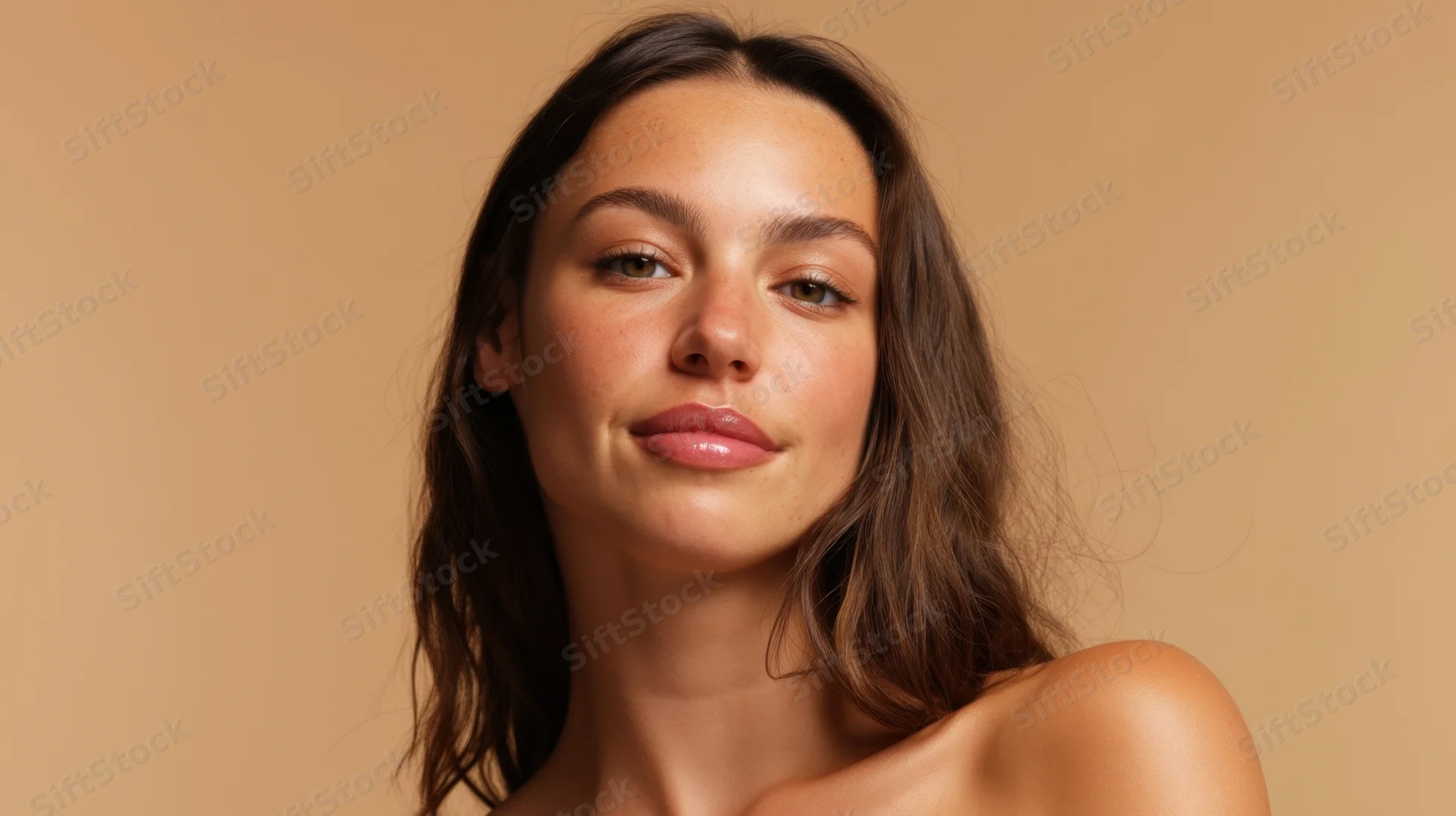 Young woman with natural makeup and brown hair posing for portrait
