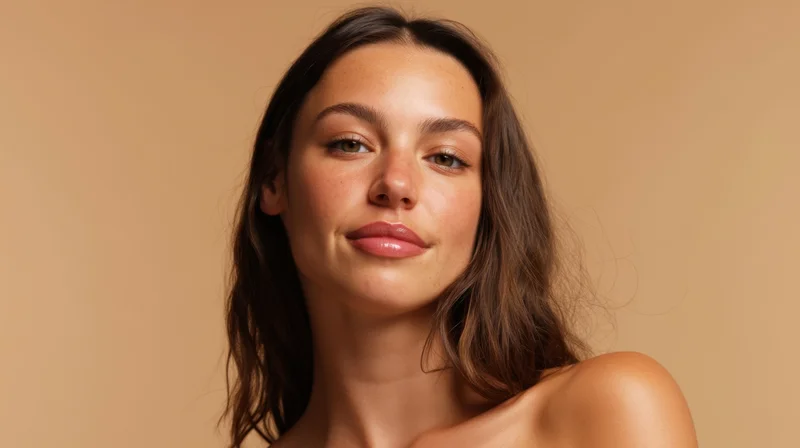 Young woman with natural makeup and brown hair posing for portrait