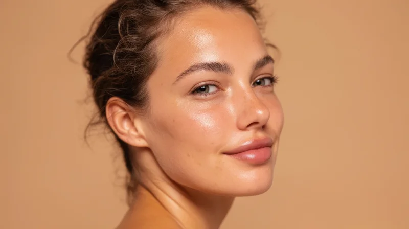 Young woman with glowing natural skin in profile view against beige background