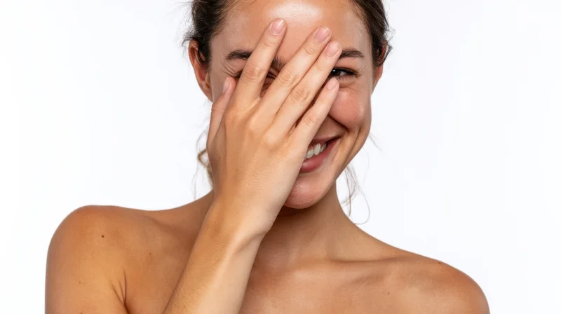 Young woman smiling with hand covering her face against white background