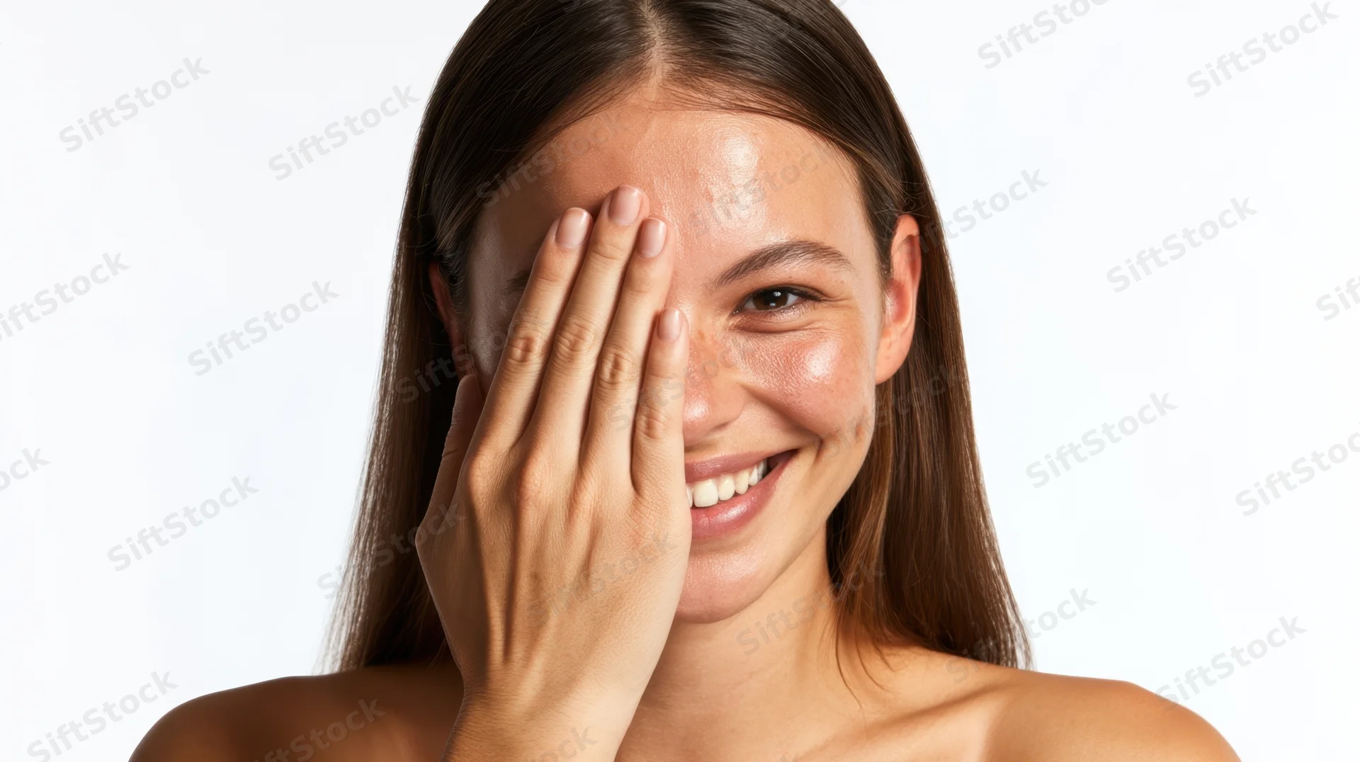 Young woman smiling with hand covering part of her face against white background