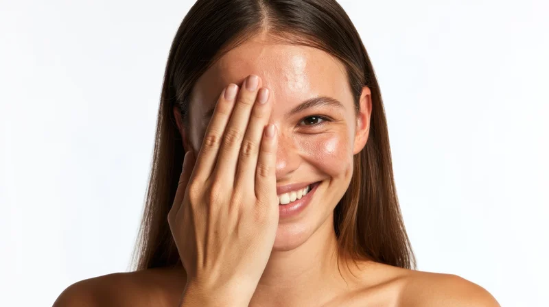 Young woman smiling with hand covering part of her face against white background