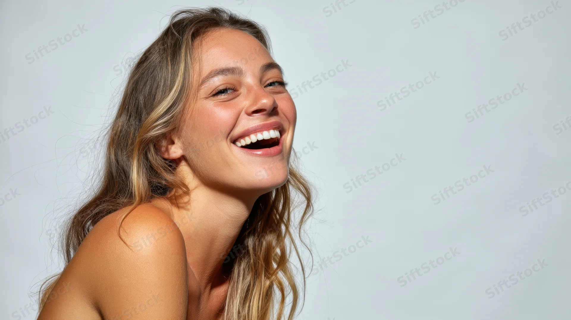 Young woman laughing with head tilted back, bare shoulders, against white background