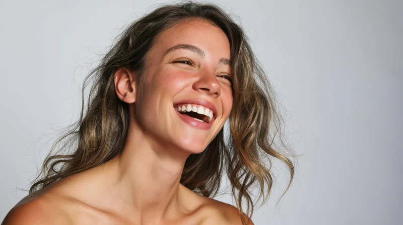 Young woman laughing with wavy brown hair, bare shoulders, against light gray background