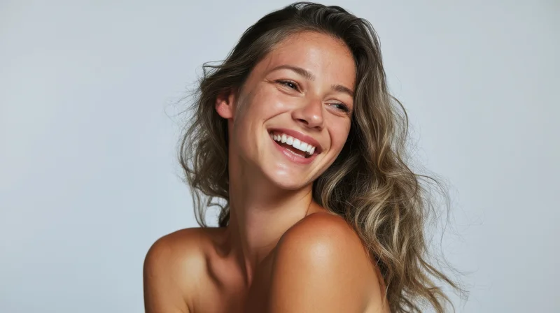 Young woman smiling with curly blonde hair in studio portrait