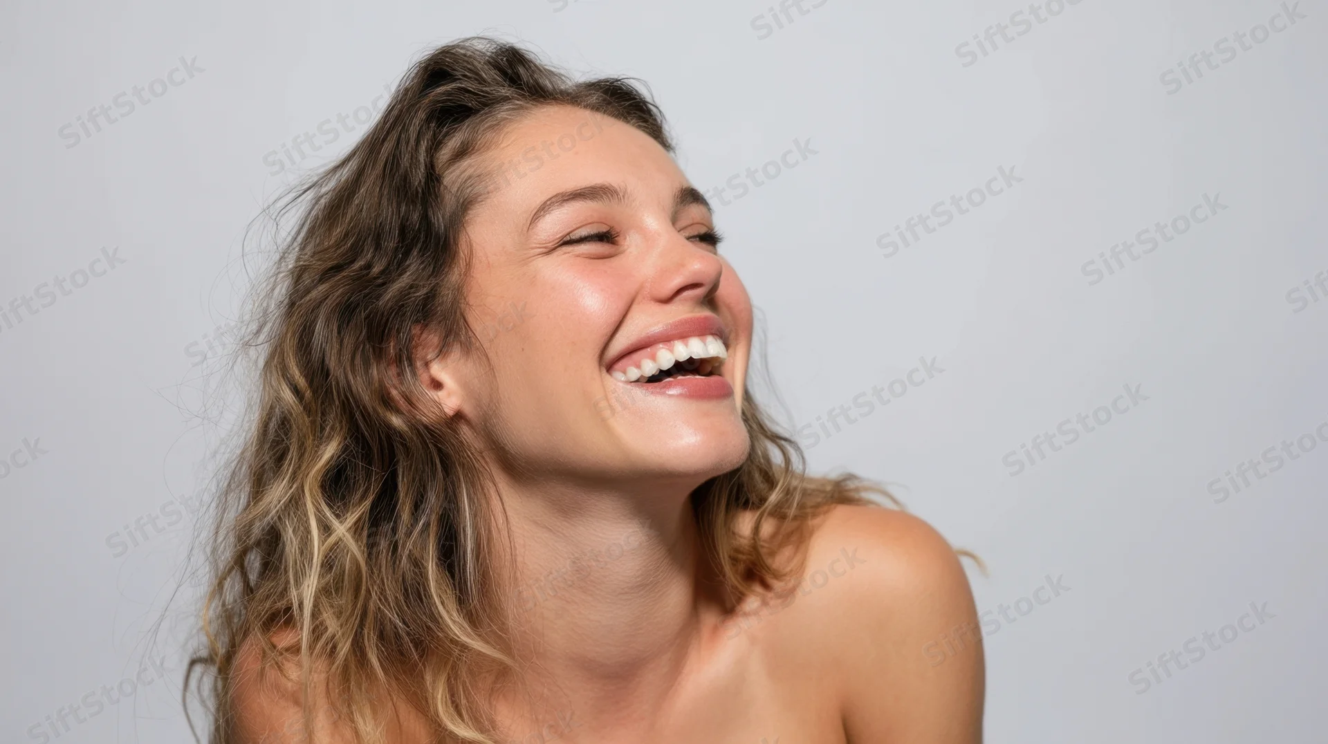 Young woman laughing with head tilted back, bare shoulders, wavy hair, against plain white background