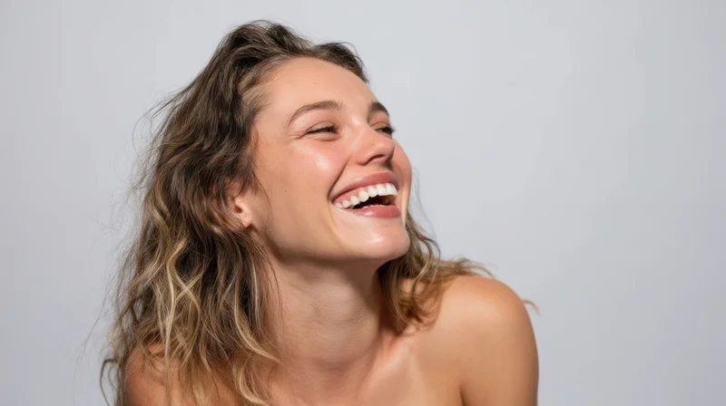Young woman laughing with head tilted back, bare shoulders, wavy hair, against plain white background