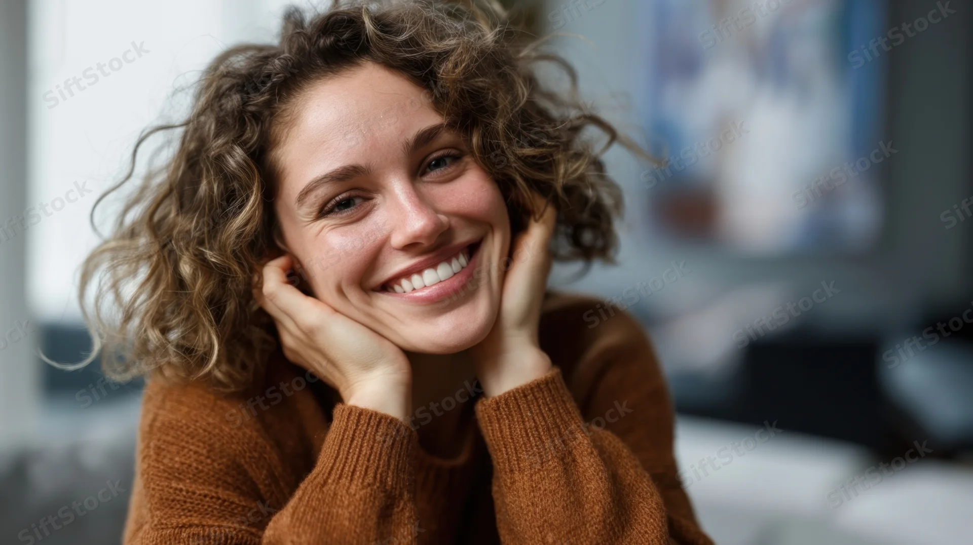 Young woman smiling with hands on cheeks indoors