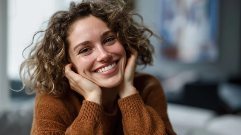 Young woman smiling with hands on cheeks indoors
