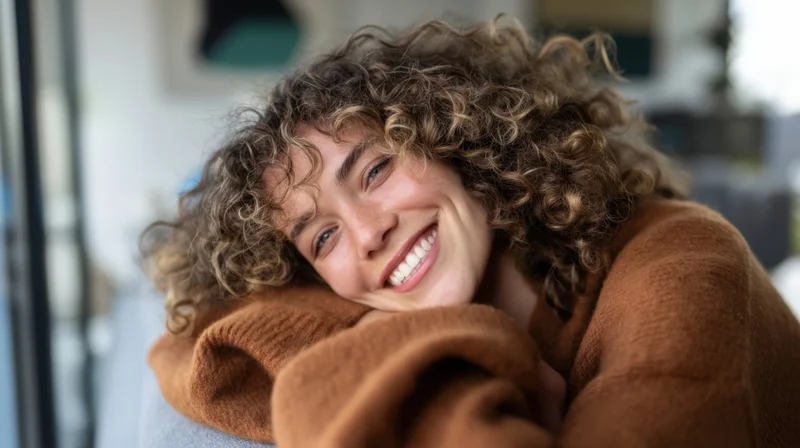 Young woman smiling with curly hair wrapped in a brown sweater indoors