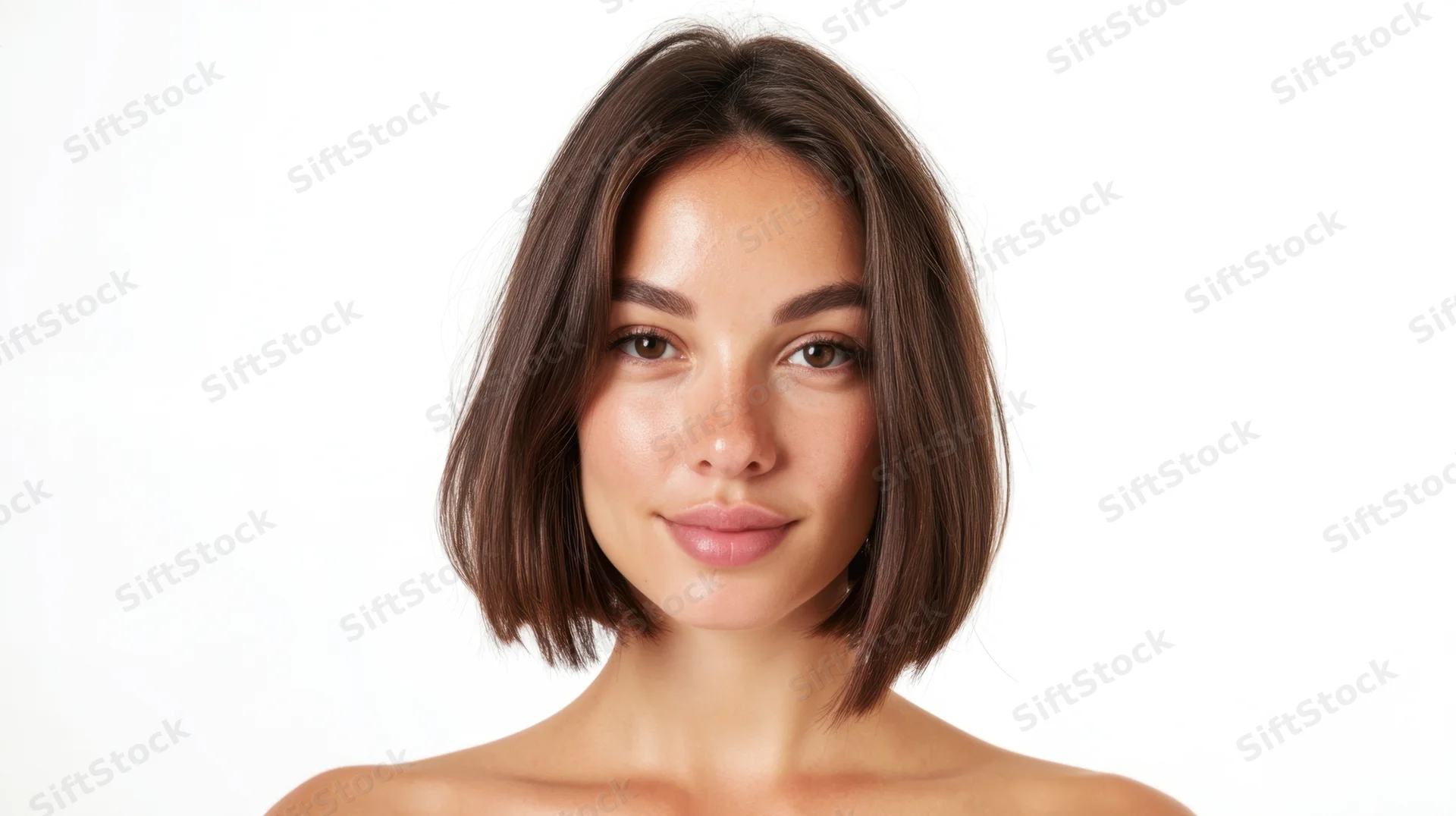 Young woman with short brown bob hairstyle smiling softly in studio portrait against white background