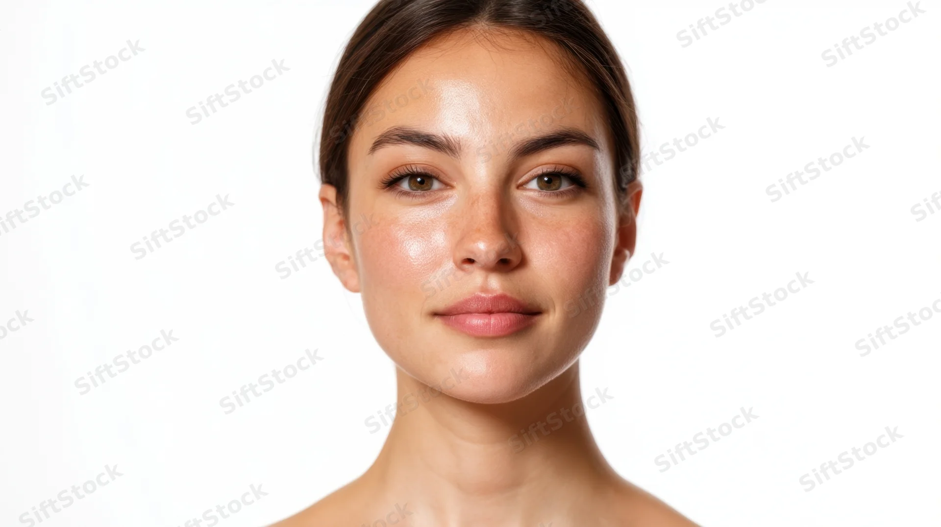 Young woman with clear glowing skin in studio portrait against white background