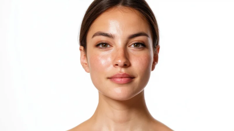 Young woman with clear glowing skin in studio portrait against white background