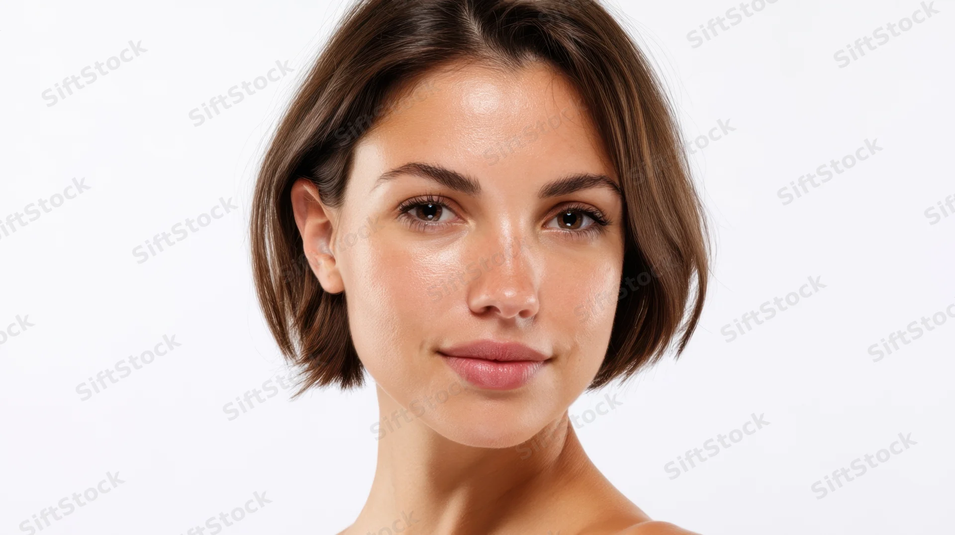 Young woman with short brown hair and clear skin in studio portrait against white background