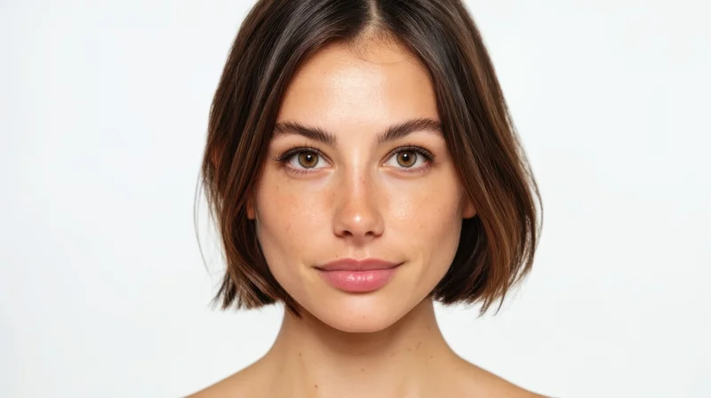 Young woman with short brown bob hairstyle facing camera in studio portrait