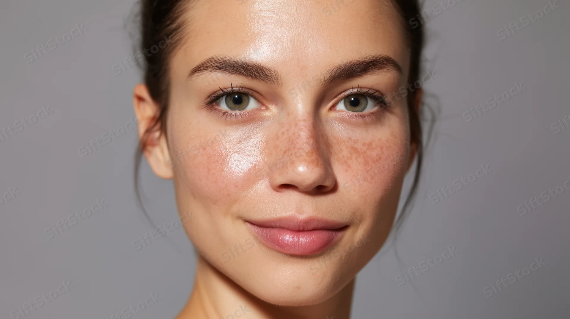 Young woman with freckles and glowing skin in studio portrait