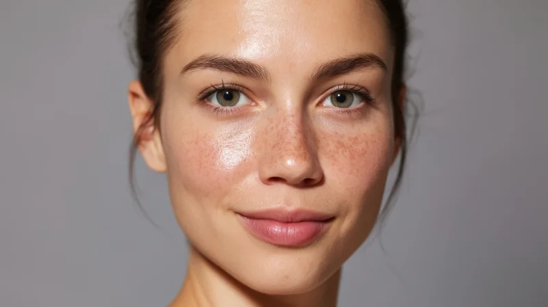 Young woman with freckles and glowing skin in studio portrait
