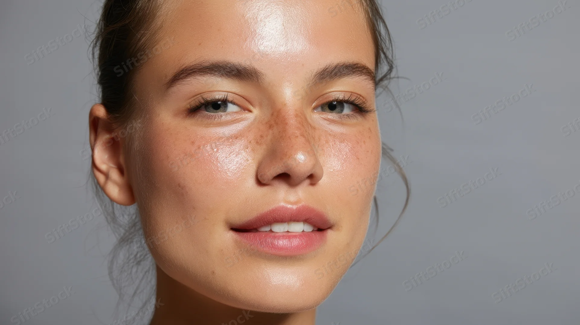 Closeup of a young woman’s face showing natural skin with freckles and healthy glow against a gray background