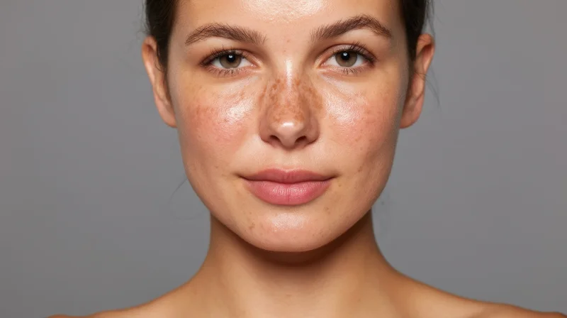 Closeup portrait of a young woman with freckles and natural glowing skin against a gray background